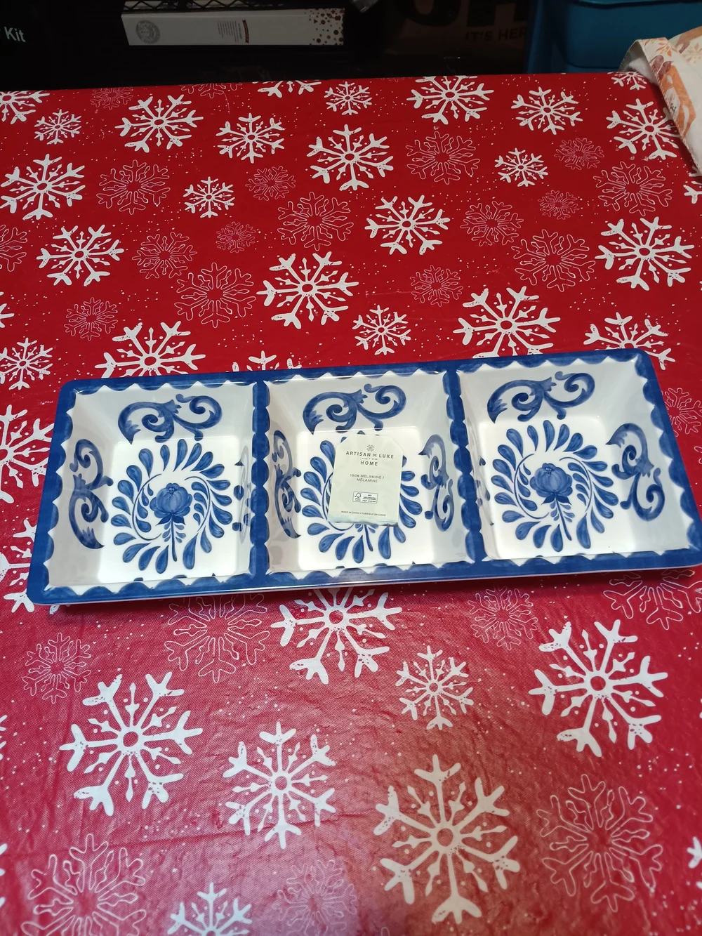 Artisan Blue and White Melamine 3-Compartment Serving Tray